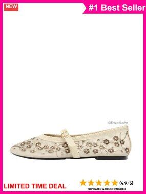 Mesh Ballet Flats with Floral Embroidery & Rhinestones